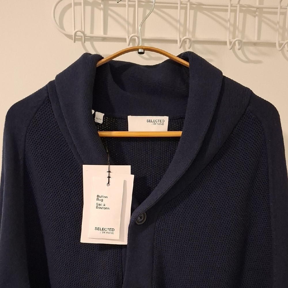 NWT Selected Homme Classic Navy Organic Cotton Shawl-collar Cardigan (Size XL)
